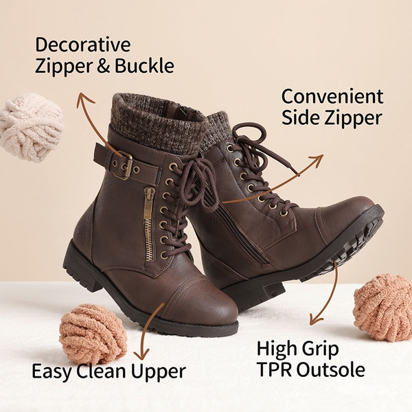 Girl's Mid Calf Combat Boots - BROWN - 1